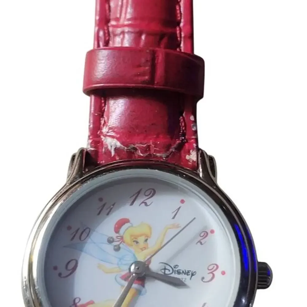 DISNEY World Children's Watch Tinker Bell Round Face Red Silver Color Band Works
